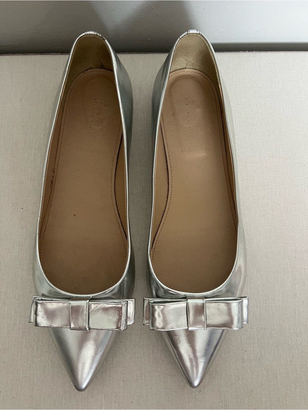 JCrew Silver Pointed Toe Bow Ballet Flat